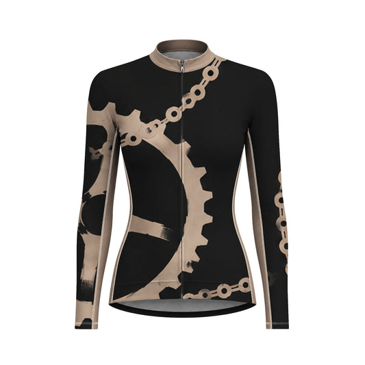 Women Long Sleeve Black Beige Bike Gear Sprocket Chain Cycling Jersey Full Zip Bike Top