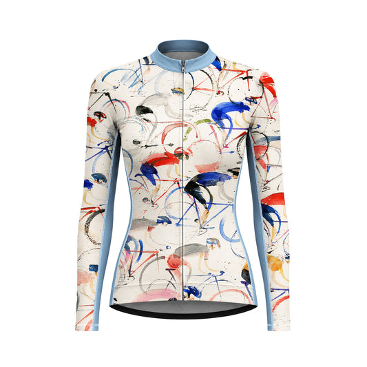 Women Long Sleeve Cream Watercolor Cyclist Rider Print Cycling Jersey Full Zip Bike Top