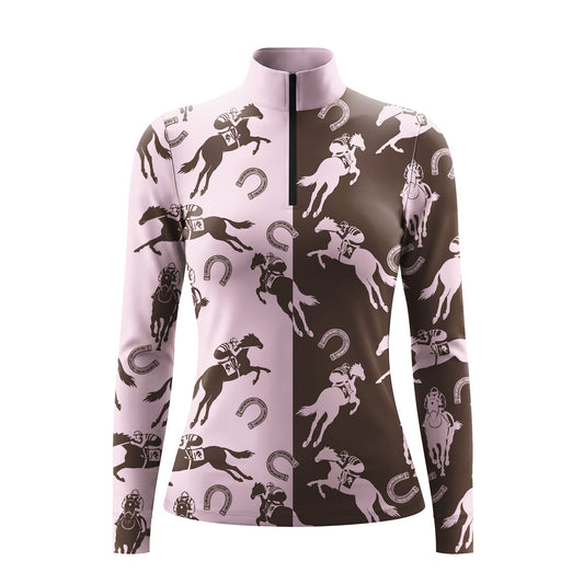 RIDER ATELIER Pink & Brown Split Racehorse Silhouette Print Long-Sleeve Quarter-Zip Riding Top