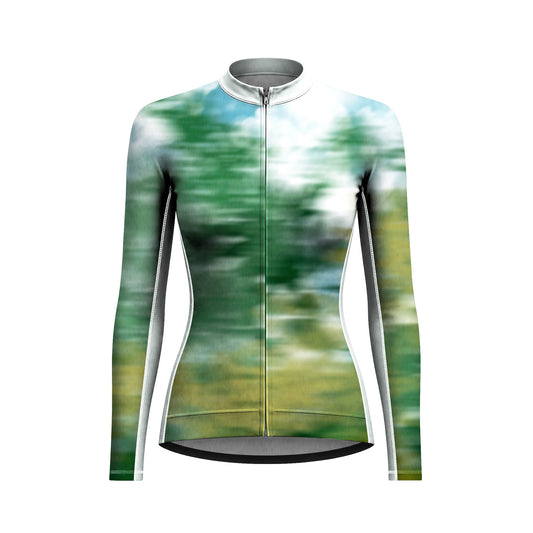 Women Long Sleeve Blurred Forest Nature Landscape Cycling Jersey Full Zip Bike Top