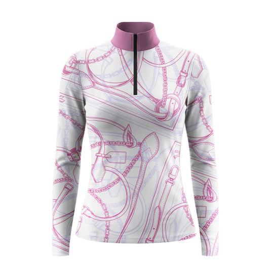 Studio white‑background product mockup of women’s off‑white base dusty mauve collar pink‑lavender equestrian tack strap & chain line‑art all‑over print long‑sleeve quarter‑zip riding top