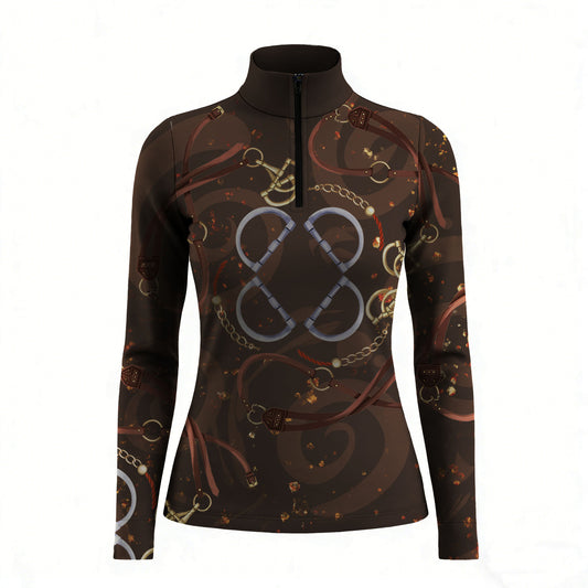 RIDER ATELIER Equestrian Snaffle Bit & Swirl Equestrian Quarter-Zip Top | Chocolate Brown Riding Shirt