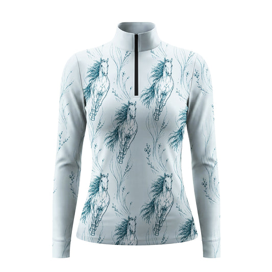RIDER ATELIER Light Teal Galloping Horse Sketch Print Long-Sleeve Quarter-Zip Riding Top