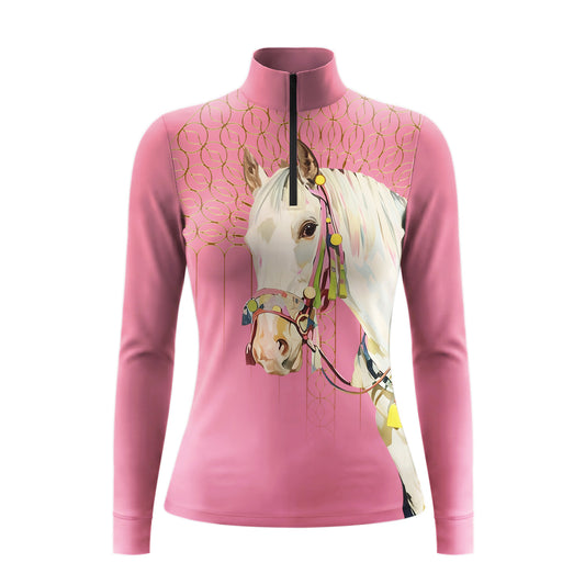 Dusty Pink Golden Geometric Line Colorful Bridle White Horse Portrait Full Print Long-Sleeve Quarter-Zip Riding Top