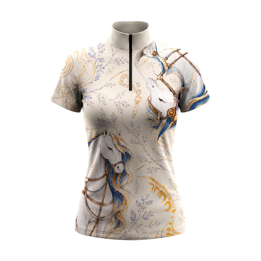 Studio white‑background product mockup of women’s midnight navy vintage painted white‑horse botanical all‑over print short‑sleeve quarter‑zip riding top