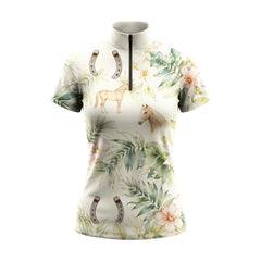 Watercolor Tropical Floral & Horse Print Short-Sleeve Quarter-Zip Riding Top