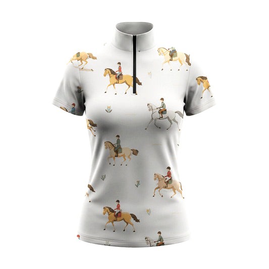 Off White Cartoon Show Jumping Rider Pony Ditsy Print Short-Sleeve Quarter-Zip Riding Top