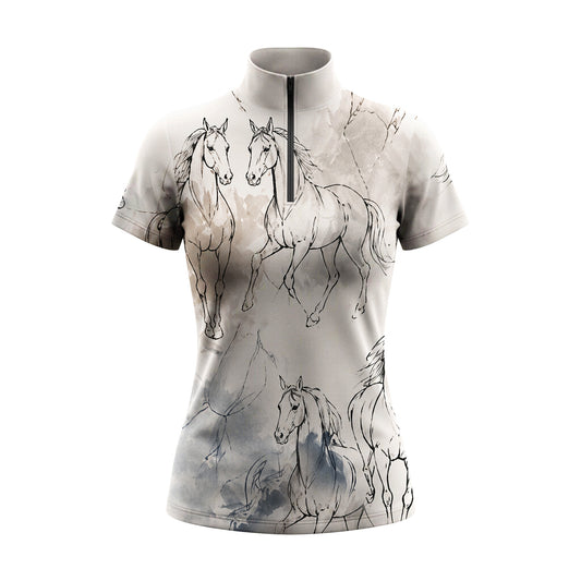 RIDER ATELIER Watercolor Sketch Horses Print Short-Sleeve Equestrian Top