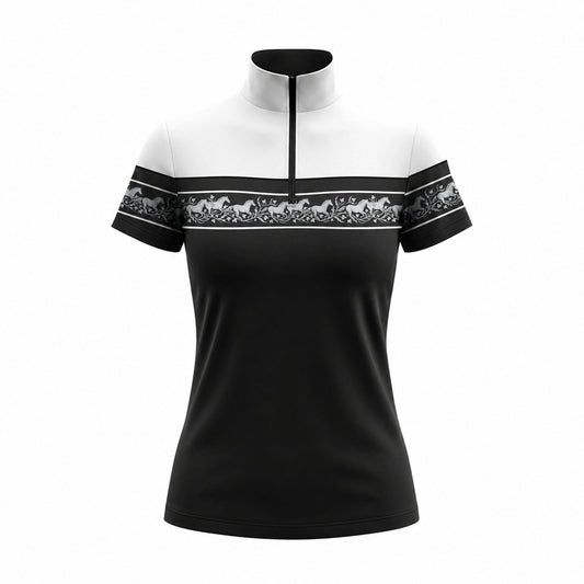 Studio white‑background product mockup of women’s black‑white color‑block galloping horse floral border‑print short‑sleeve quarter‑zip riding top