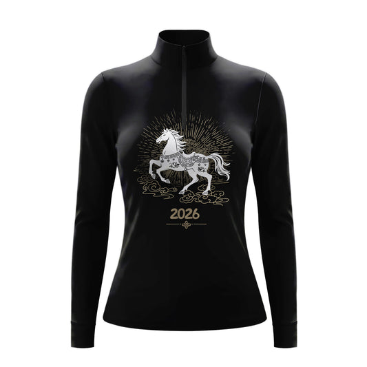 Studio flat view of the 2026 Year of the Horse Long-Sleeve Quarter-Zip Riding Top, showcasing the full print details