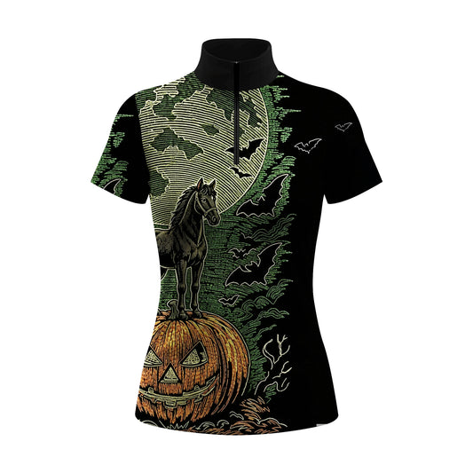 Studio white‑background product mockup of women’s black base vintage woodcut Halloween horse‑on‑pumpkin bat moon front‑print short‑sleeve quarter‑zip riding top