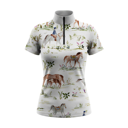 Off White Soft Watercolor Pasture Mare Foal Trail Rider Floral Ditsy Print Short-Sleeve Quarter-Zip Riding Top