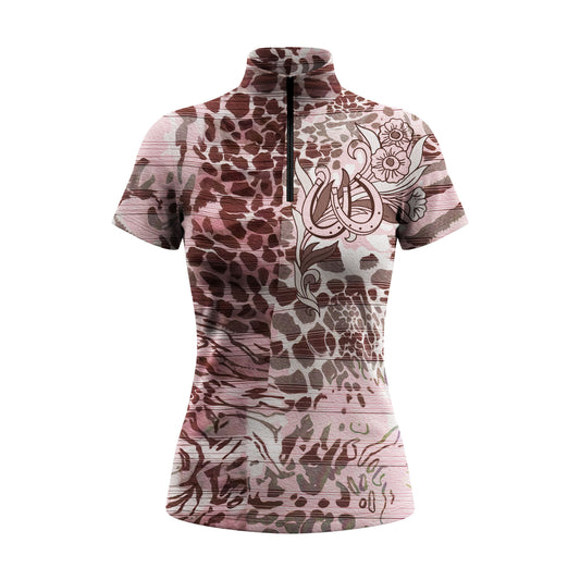Dusty Pink Mixed Animal Print Floral Horseshoe Graphic Short-Sleeve Quarter-Zip Riding Top