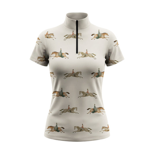 Multi‑Color Vintage Equestrian Rider All‑Over Print Short‑Sleeve Quarter‑Zip Riding Top