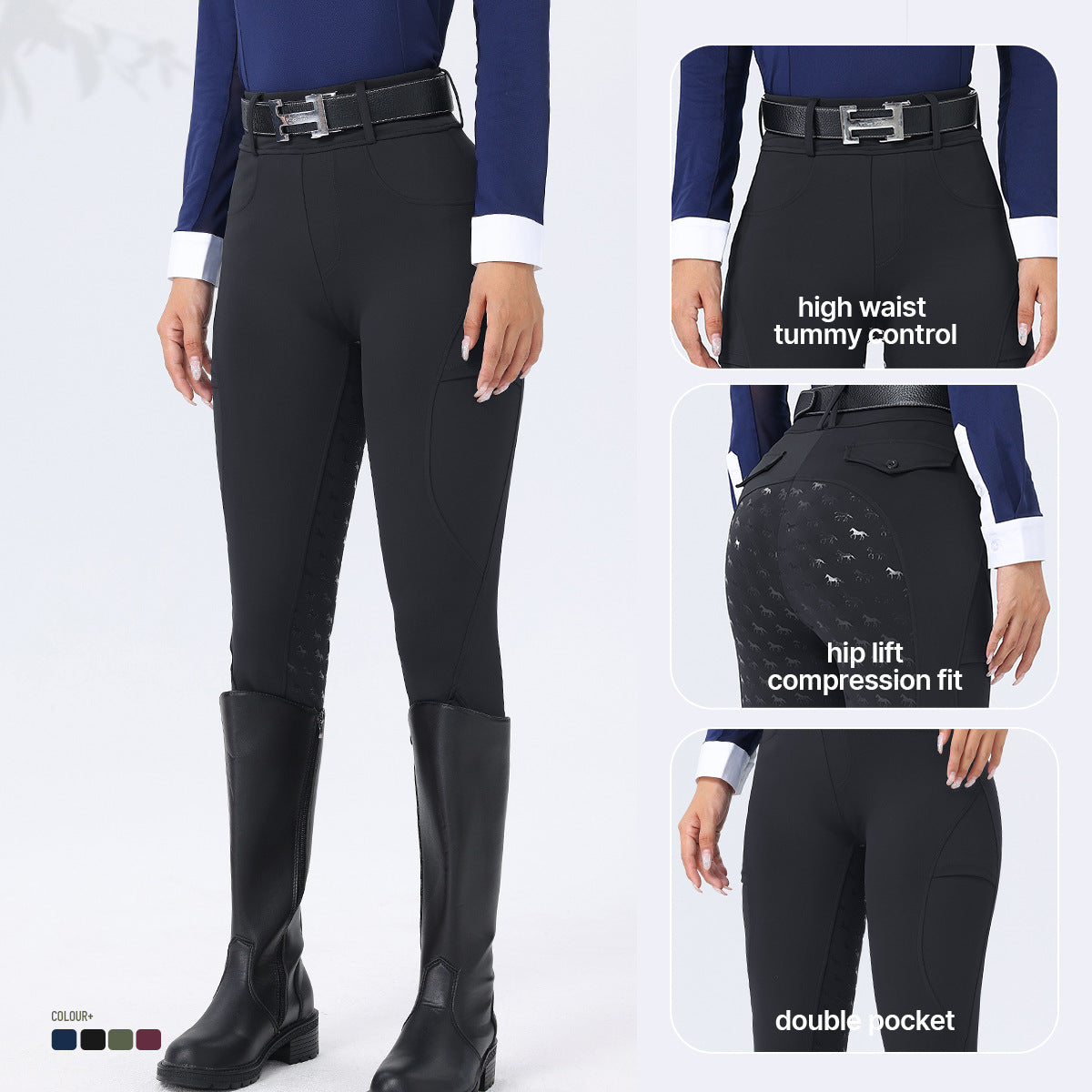 Black riding pants with text highlighting features on a white background
