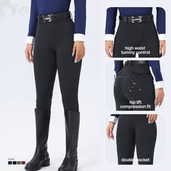 Black riding pants with text highlighting features on a white background