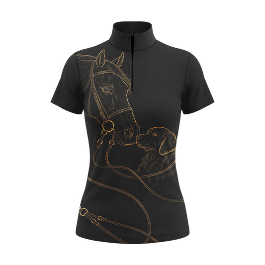 Black Gold Line Art Horse And Golden Retriever Bridle Reins Full Print Short-Sleeve Quarter-Zip Riding Top
