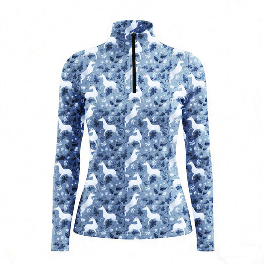 RIDER ATELIER Prancing Horse Equestrian Quarter-Zip Top | Blue Floral Riding Shirt
