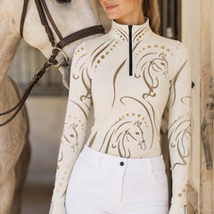 Navy‑Blue Base Pastel Multi‑Line‑Art Abstract Horse Head All‑Over Print Long‑Sleeve Quarter‑Zip Riding Top