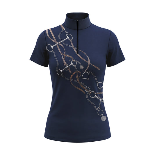 Clean white background studio mockup of navy equestrian bit stirrup tack print short sleeve quarter-zip riding top