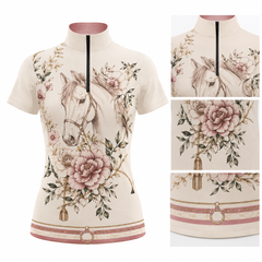 Floral Horse Portrait Print Short-Sleeve Quarter-Zip Riding Top