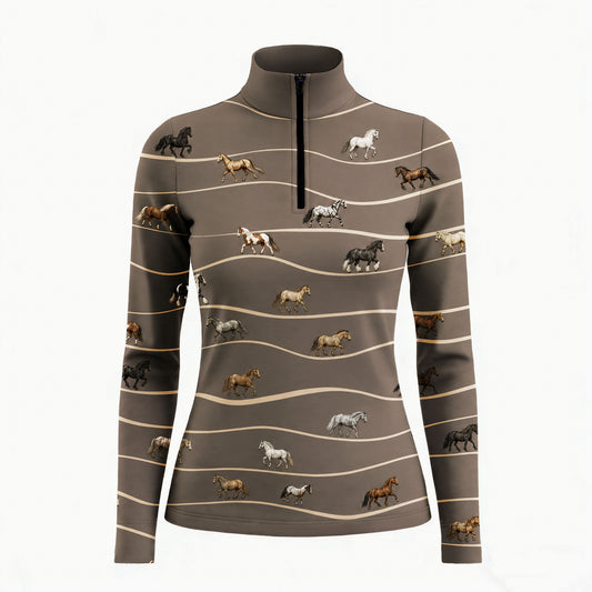 Studio white‑background product mockup of women’s taupe brown long‑sleeve quarter‑zip riding top with wavy cream stripe and vintage multi‑breed horse all‑over print