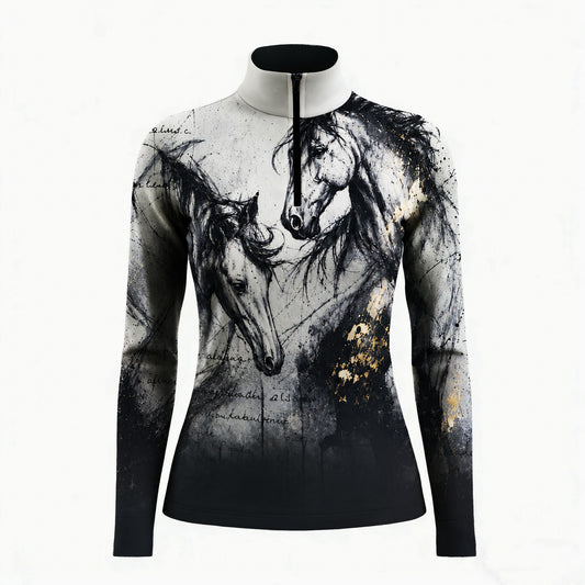 Studio white‑background product mockup of women’s white collar dual‑horse portrait long‑sleeve quarter‑zip riding top