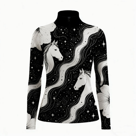 Clean studio white‑background product mockup of women’s black‑base celestial starry galaxy white horse & floral all‑over print long‑sleeve quarter‑zip riding top