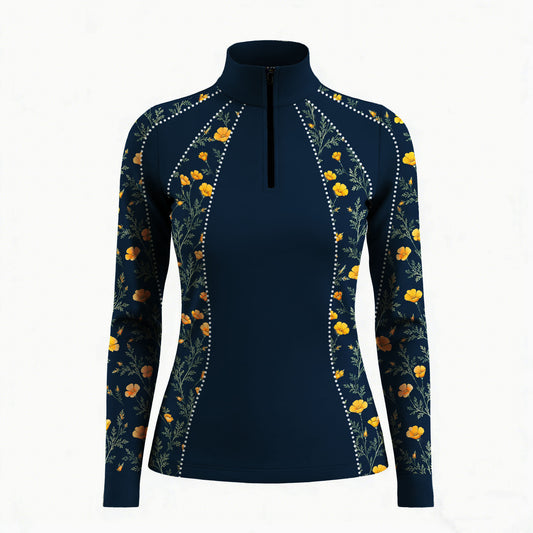 Studio white‑background product mockup of women’s navy golden poppy floral rhinestone‑detail long‑sleeve quarter‑zip riding top