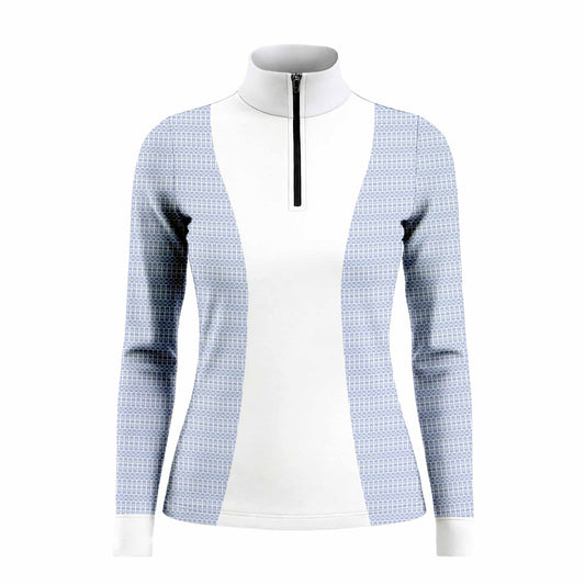 Studio white‑background product mockup of women’s navy side‑spliced long‑sleeve quarter‑zip riding top with white central panel and fence‑grid geometric print