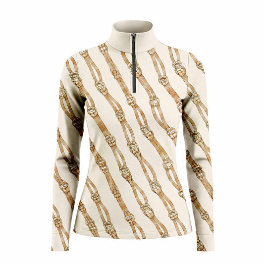 Equestrian Bit & Bridle Diagonal Print Long‑Sleeve Quarter‑Zip Riding Top