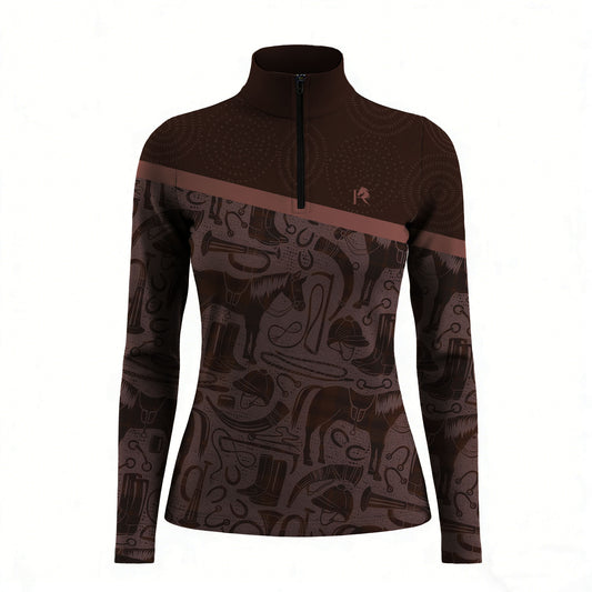 Studio white‑background product mockup of women’s two‑tone brown long‑sleeve quarter‑zip riding top with full equestrian‑tack silhouette collage print