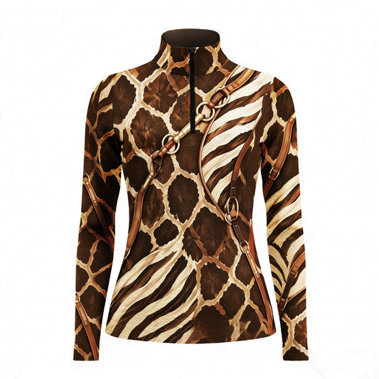 Studio white‑background product mockup of women’s giraffe‑zebra animal hide faux leather bridle harness graphic all‑over print long‑sleeve quarter‑zip riding top