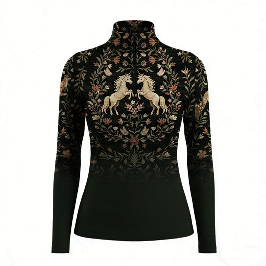 Studio white‑background product mockup of women’s dark forest‑green gradient vintage tapestry unicorn floral wildlife all‑over‑print long‑sleeve quarter‑zip riding top