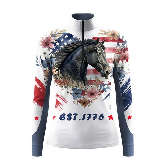 Studio flat view of the American Flag Floral Horse Print Long-Sleeve Quarter-Zip Riding Top, showcasing the full print details