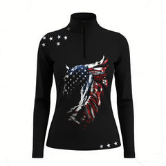 Studio flat view of the American Flag Horse Head Print Long-Sleeve Quarter-Zip Riding Top, showcasing the full print details