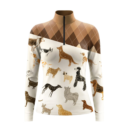 White background studio product shot of split color block long sleeve quarter-zip riding top with brown argyle upper panel and cream multi-breed sketch dog ditsy print
