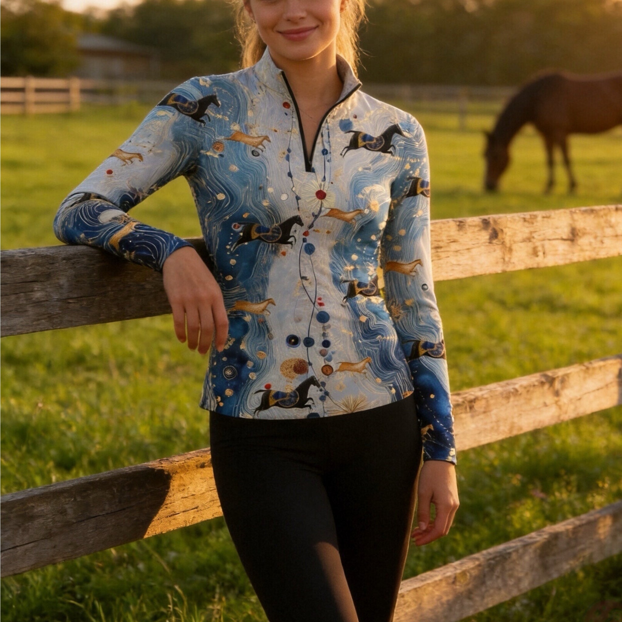Model wearing the Art Deco Galloping Horses Print Long-Sleeve Riding Top leaning on a wooden fence at sunset