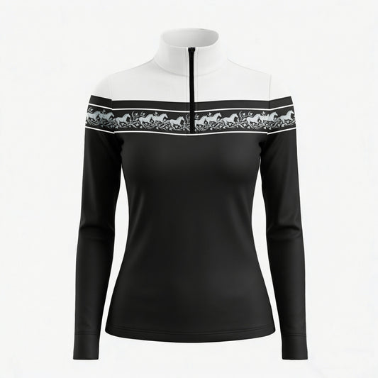 White background studio shot of two-tone black white color block light grey galloping horse vine border stripe long sleeve quarter zip riding top