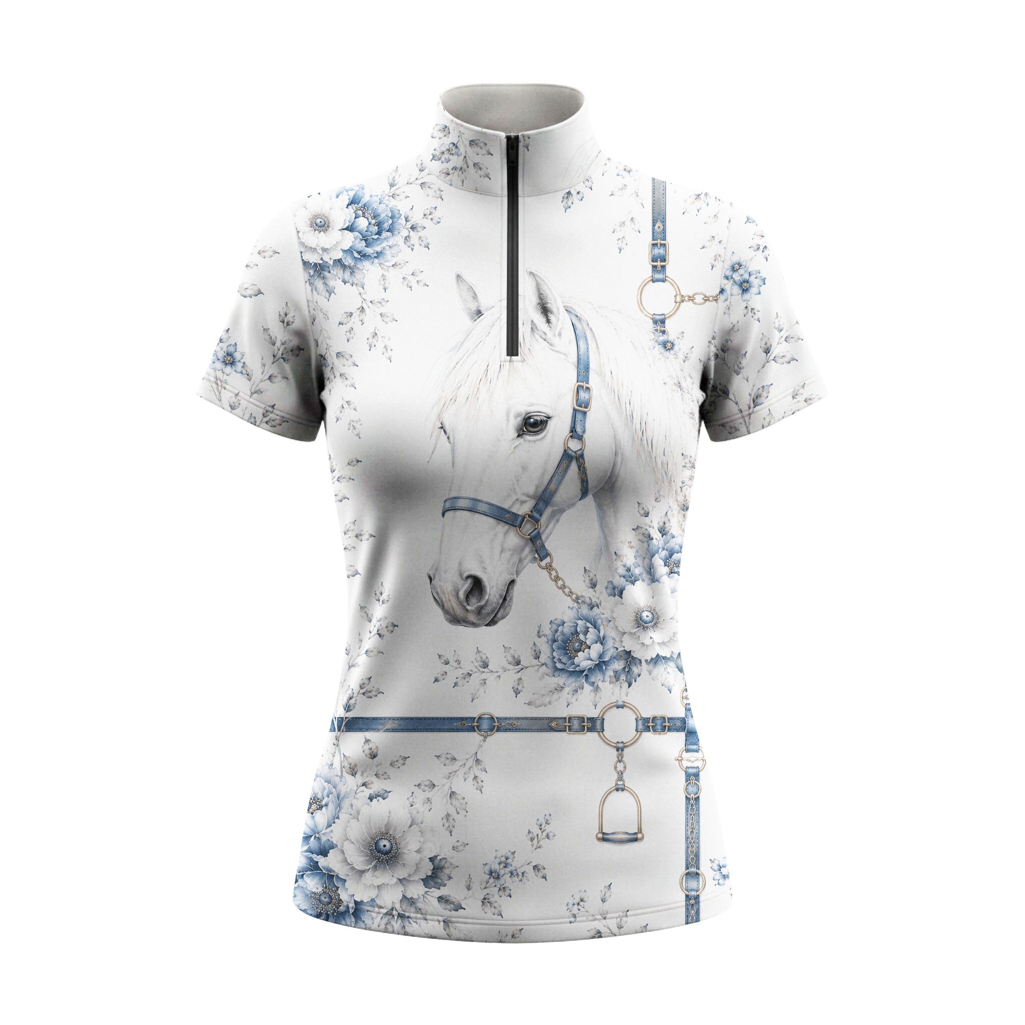 Studio flat view of the Blue Floral Horse Portrait & Tack Print Short-Sleeve Quarter-Zip Riding Top, showcasing the full print details