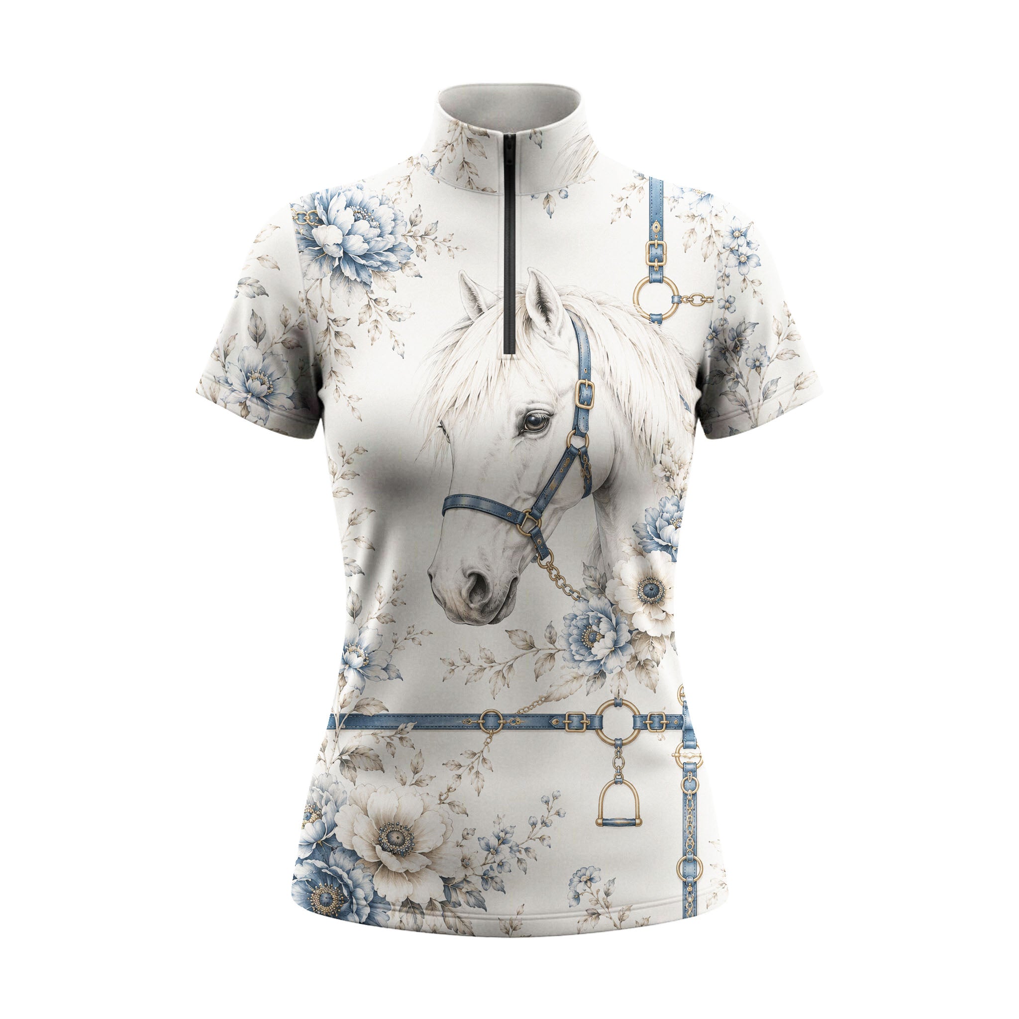 Studio flat view of the Blue Floral Horse Portrait & Tack Print Short-Sleeve Quarter-Zip Riding Top, showcasing the full print details