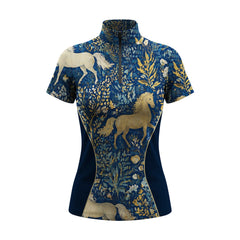 Studio flat view of the Blue & Gold Mythical Horse Floral Print Short-Sleeve Quarter-Zip Riding Top, showcasing the full print details