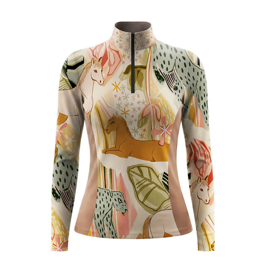White background studio shot of abstract horse & leopard print long sleeve quarter zip riding top