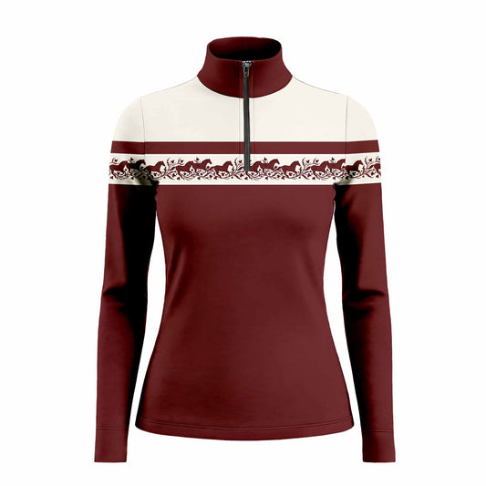Clean white background studio mockup of burgundy cream color block running horse border stripe long sleeve quarter-zip equestrian riding top