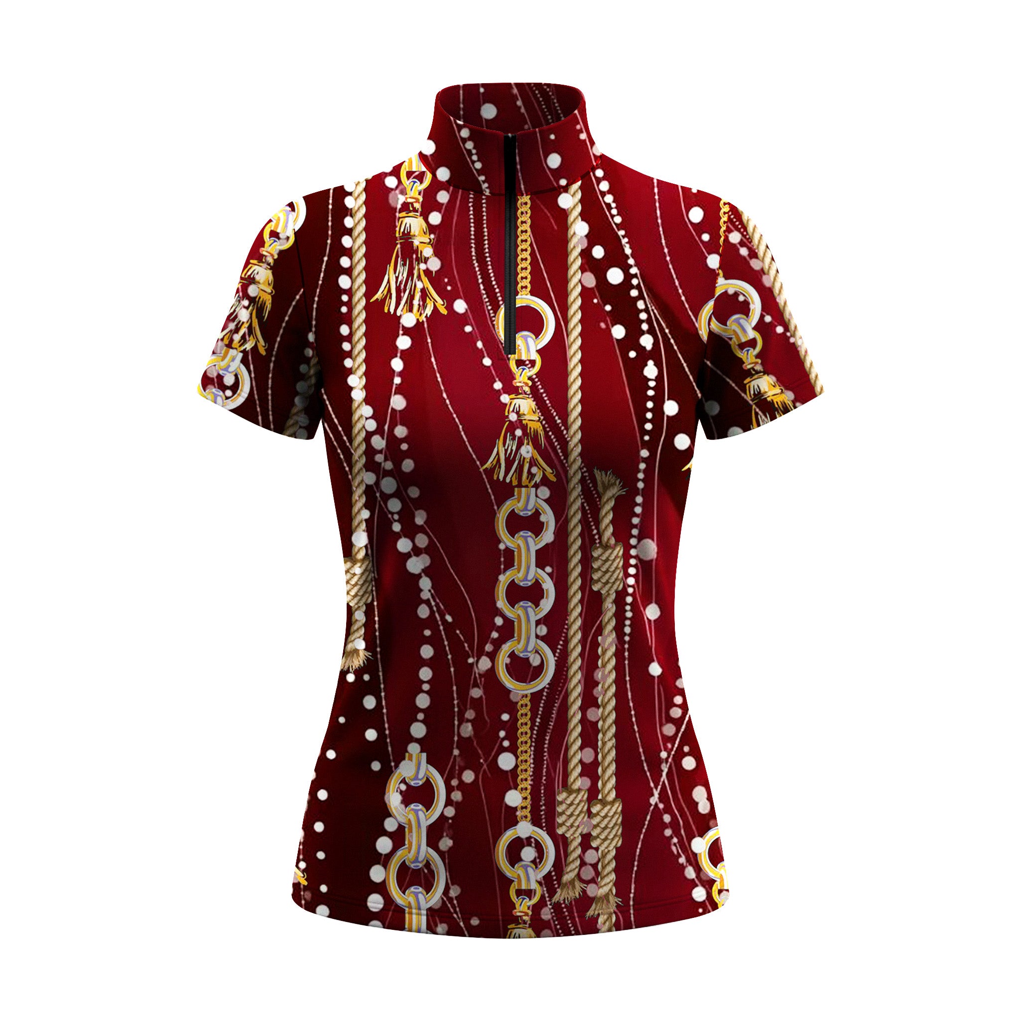 White background studio shot of burgundy equestrian rope & chain short sleeve quarter zip riding top