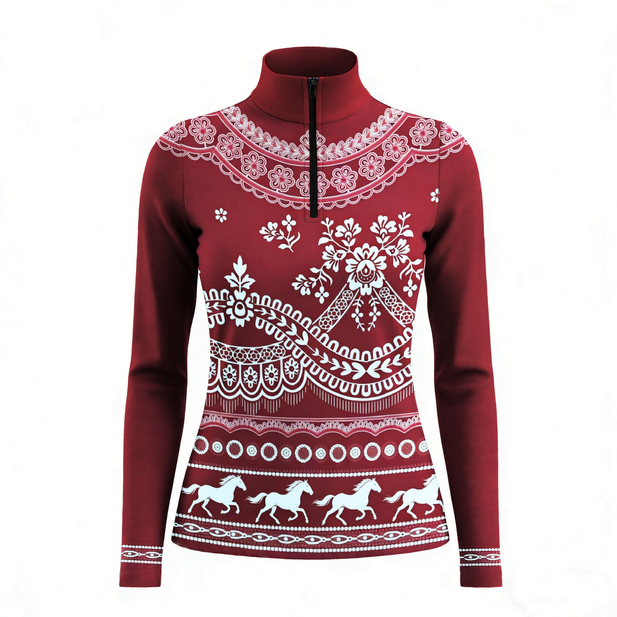 Dual color studio shot of lace floral galloping horse print long sleeve quarter zip riding top