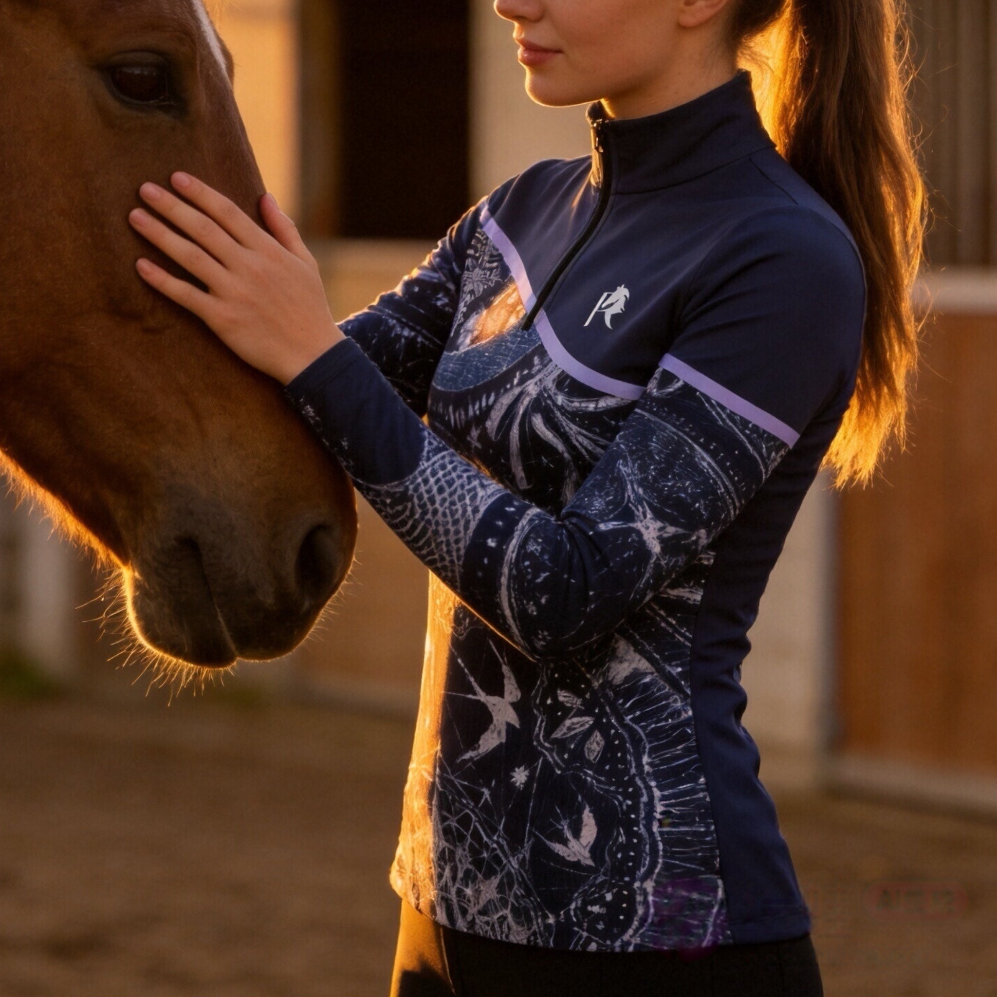 Model wearing the Celestial Night Print Color-Block Riding Top petting a horse in a sunlit stable