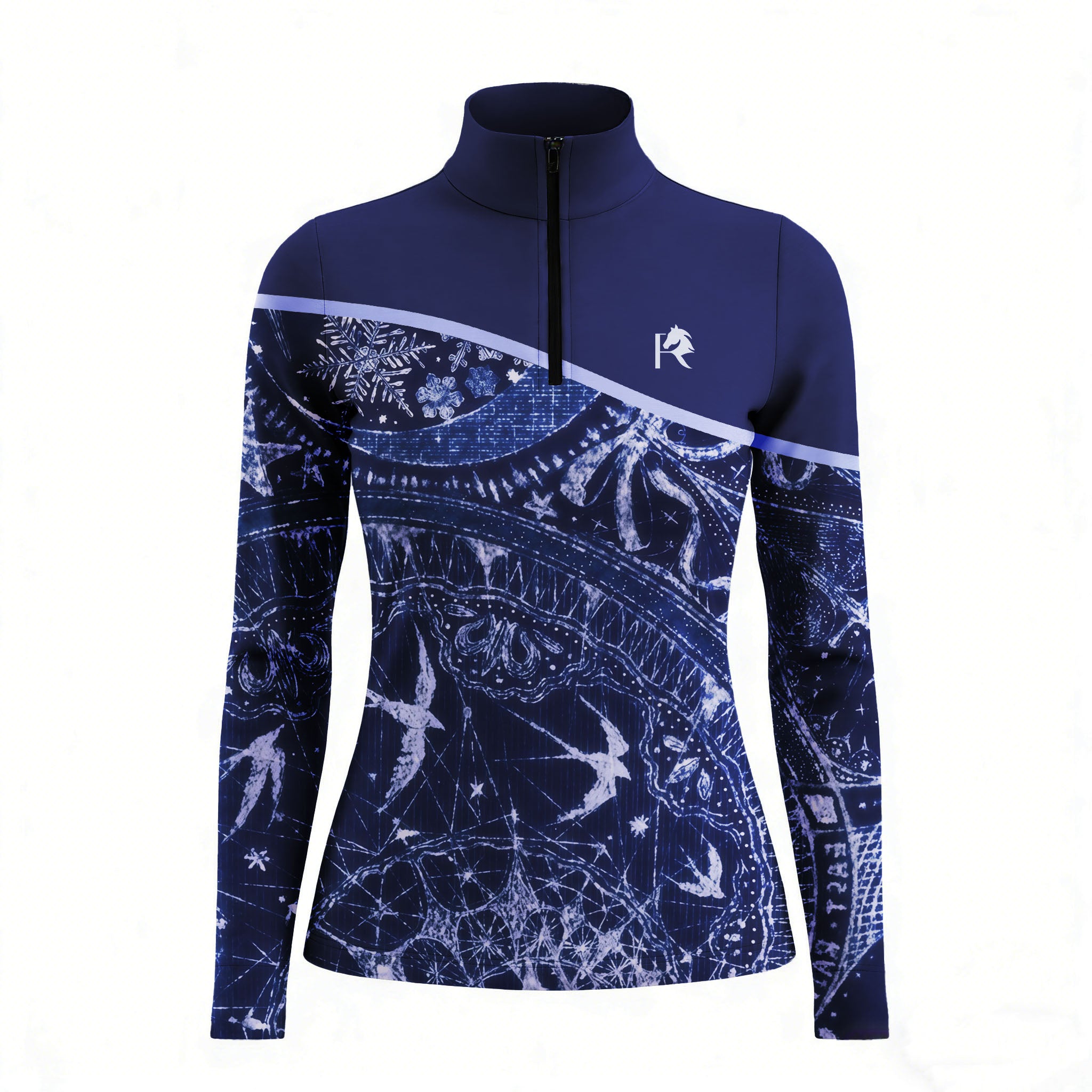 Studio flat view of the Celestial Night Print Color-Block Long-Sleeve Quarter-Zip Riding Top, showcasing the full print details