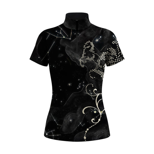 White background studio product photo displaying the full night-sky constellation print and rhinestone horse motif