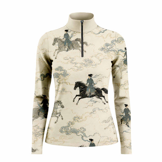 White background studio product shot of full cream off-white Chinese ancient ink wash warrior galloping horse golden cloud scroll all-over print long sleeve quarter-zip riding top